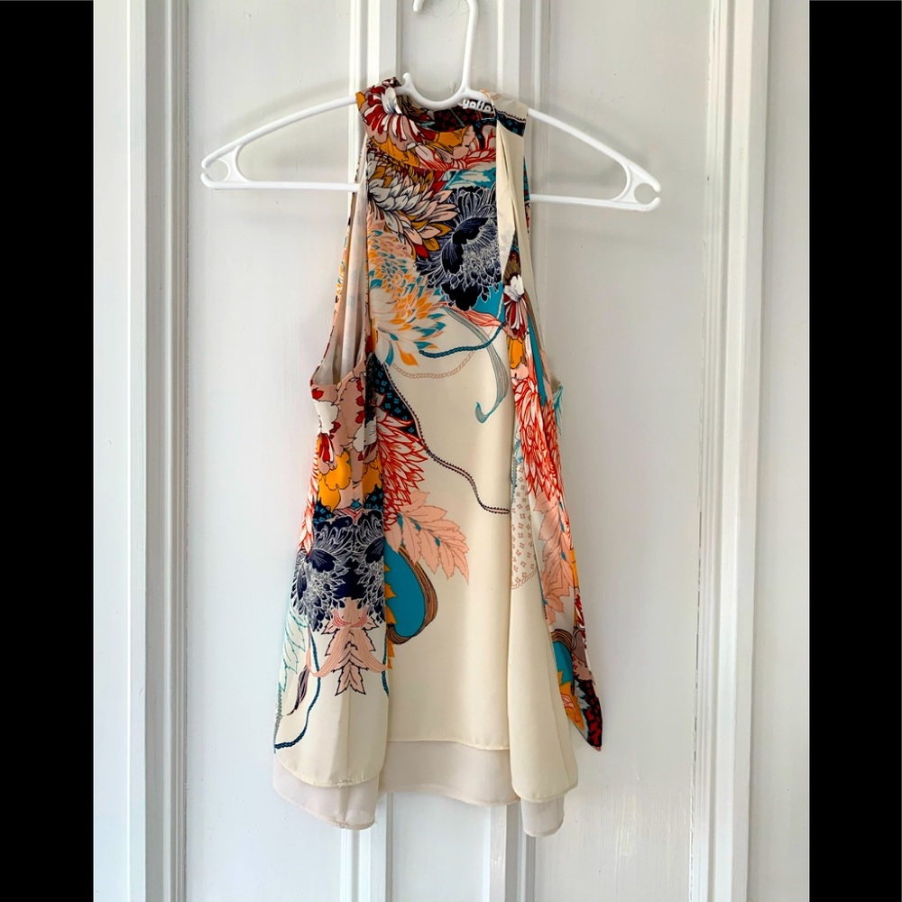 Rose & Olive high neck cream/floral tank w/tie XS